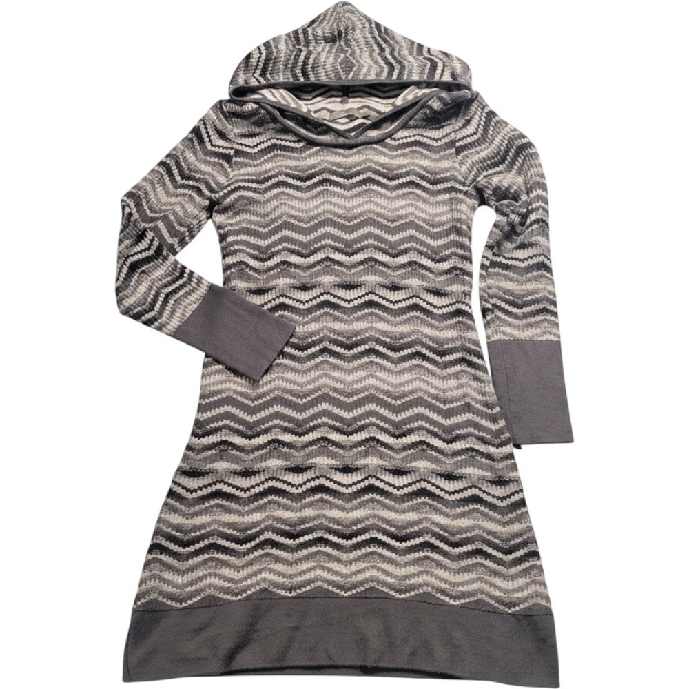 Prana Breathe Gray Chevron Zigzag Hooded Sweater Dress Womens Medium Long Sleeve